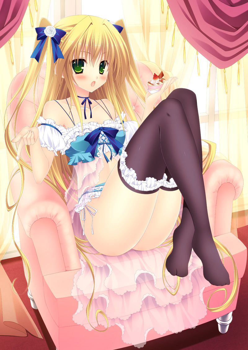 :o, alm, bare_shoulders, black_legwear, blonde_hair, blush, chair, choker