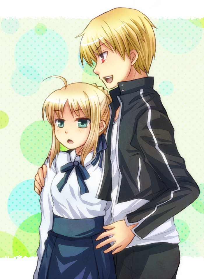 1girl, arm_around_shoulder, blonde_hair, casual, fate/stay_night, fate_(series), gilgamesh, green_eyes, hair_ribbon, kiyune_(kiyune_00), red_eyes, ribbon, saber