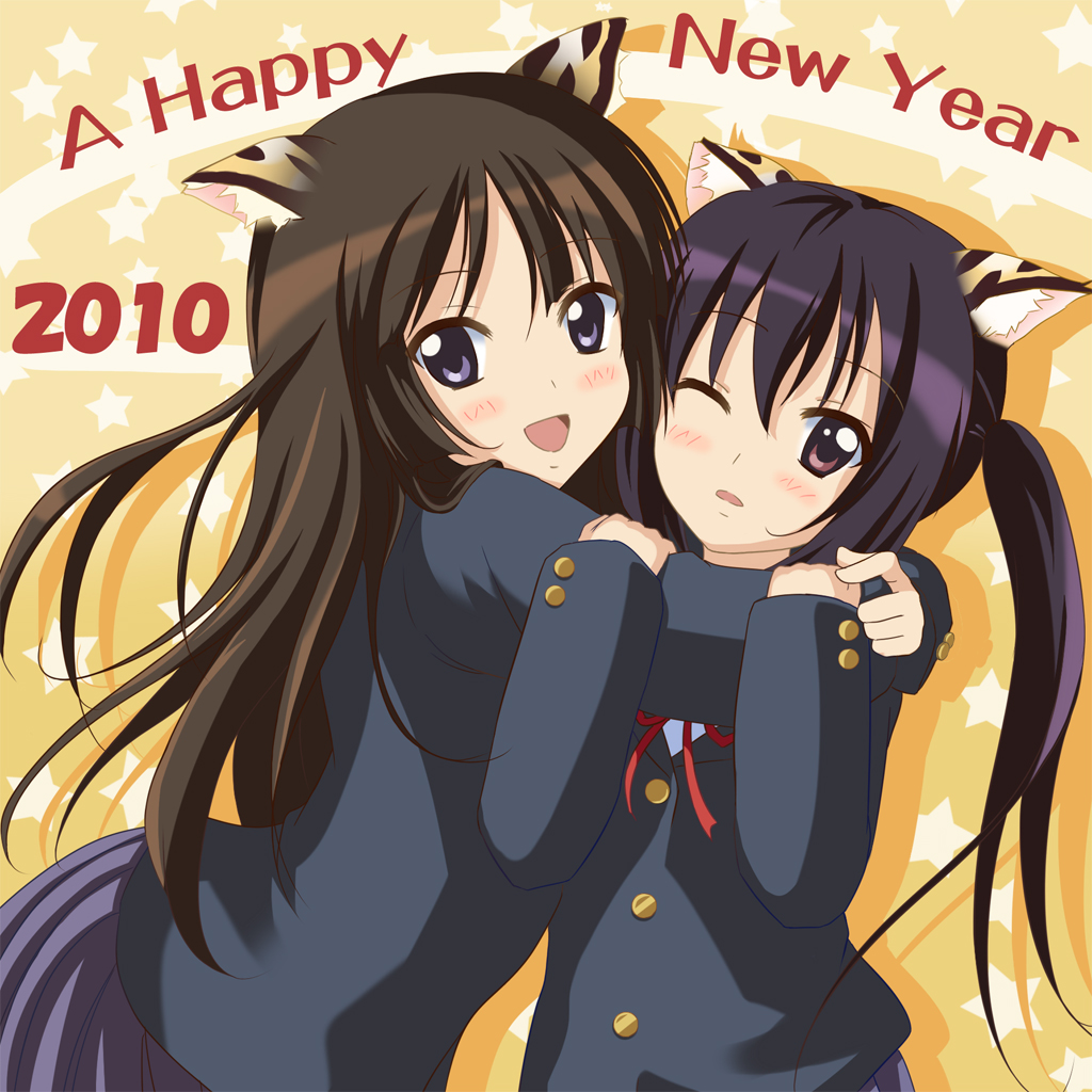2girls, akiyama_mio, animal_ears, black_eyes, black_hair, brown_eyes, cat_ears, k-on!