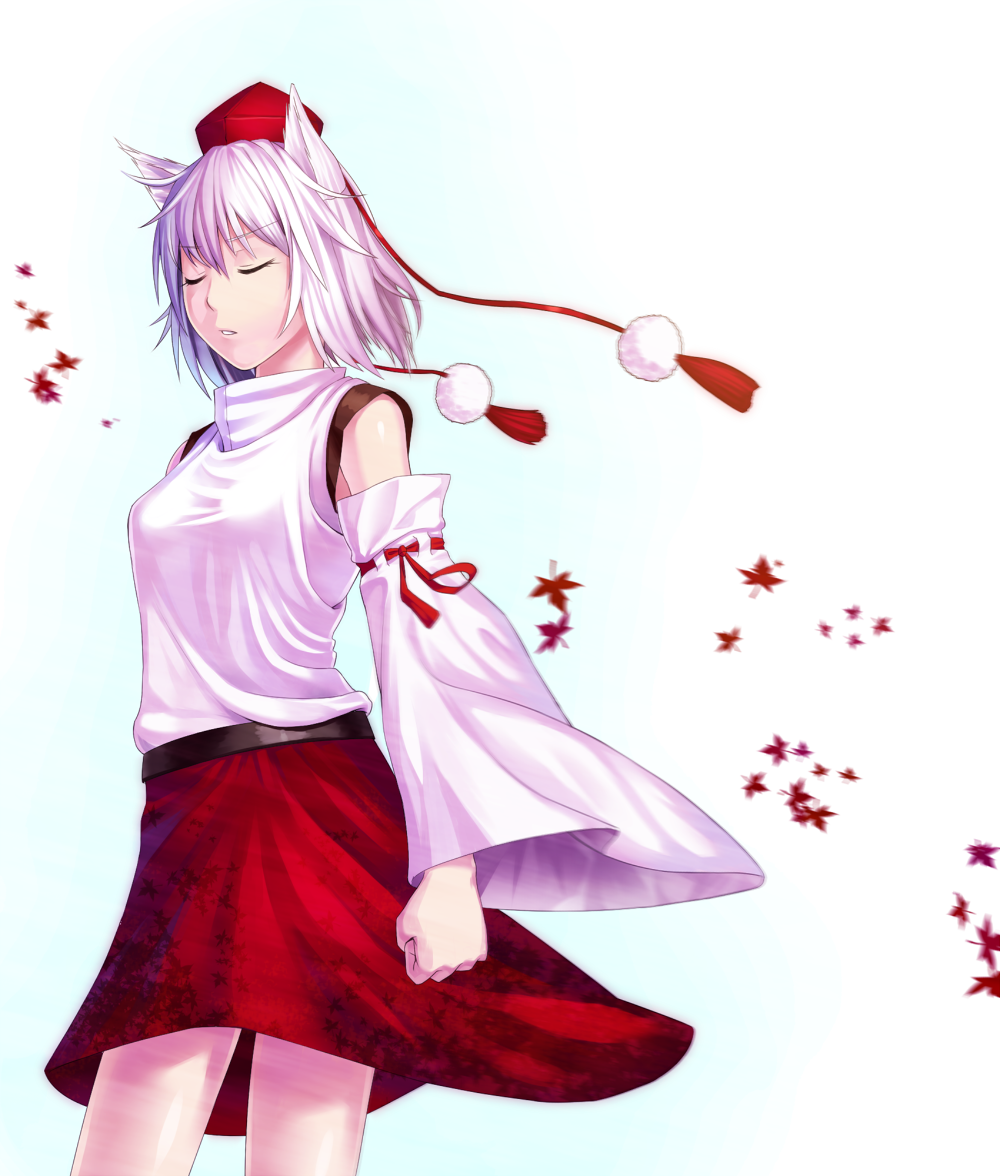 animal_ears, autumn_leaves, bare_shoulders, clenched_hand, closed_eyes, detached_sleeves, eyes_closed, hat