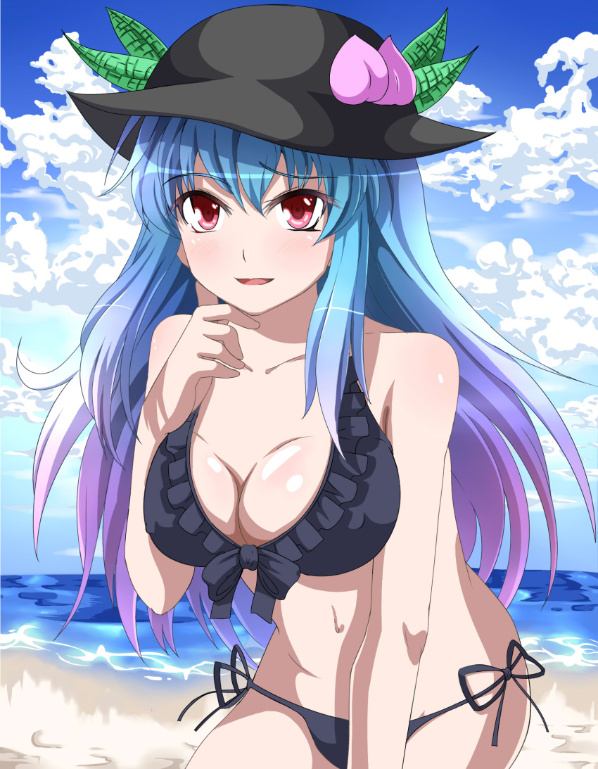 beach, bikini, black_bikini, blue_hair, breasts, cleavage, cloudy_sky, collarbone