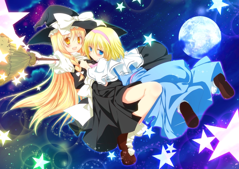 :d, alice_margatroid, blonde_hair, blue_eyes, bow, broom, capelet, full_moon