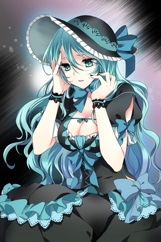 arm_garter, bow, breasts, cleavage, dress, frills, green_eyes, hat, hat_ribbon, long_hair, lowres, m-ca, mca, nail_polish, ribbon, sword_girls, very_long_hair, wavy_hair