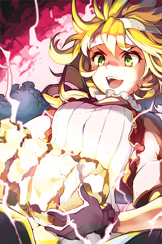 asmis, bandage, bandages, blonde_hair, frills, gloves, glowing, green_eyes