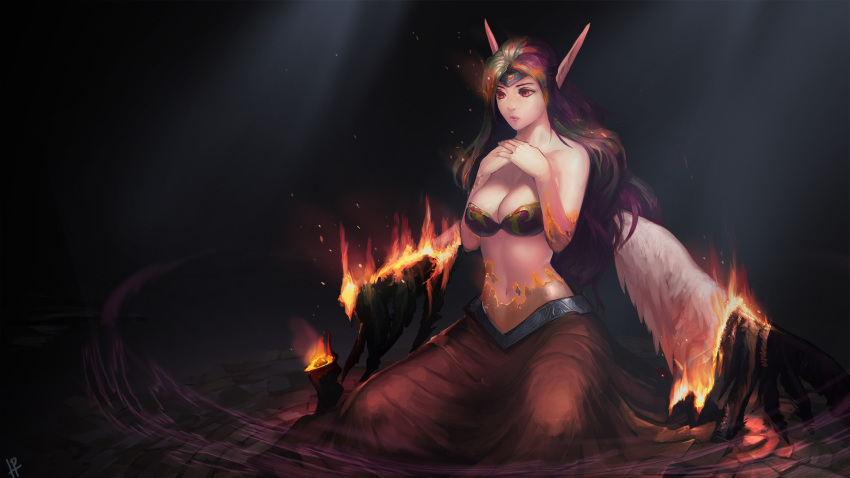 black_wings, breasts, burning, burning_hair, circlet, cleavage, fire, highres