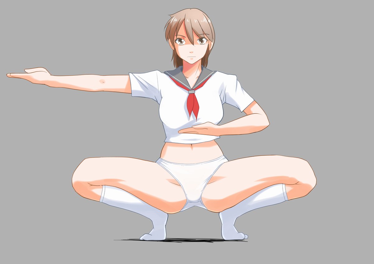 bottomless, breasts, brown_eyes, brown_hair, large_breasts, on_toes, original, panties, school_uniform, simple_background, speaker_(artist), squatting, stance, tan_skin