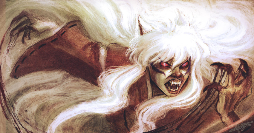 animal_ears, artist_name, blood, facial_mark, fangs, fingernails, glowing, glowing_eyes