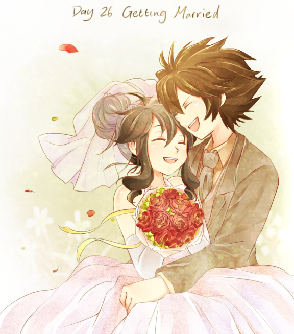 1boy, 1girl, bouquet, brown_hair, closed_eyes, couple, dress, elbow_gloves, english, eyes_closed, flower, formal, gloves, gown, hair_bun, height_difference, hetero, laughing, long_hair, luoxin, necktie, pokemon, pokemon_(game), pokemon_bw, pokemon_special, red_rose, rose, short_hair, suit, touko_(pokemon), touya_(pokemon), veil, wedding, wedding_dress, white_dress