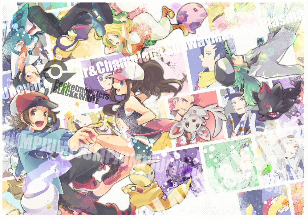 4girls, 6+boys, adeku_(pokemon), azurebloom, bag, bare_legs, baseball_cap, bel_(pokemon)