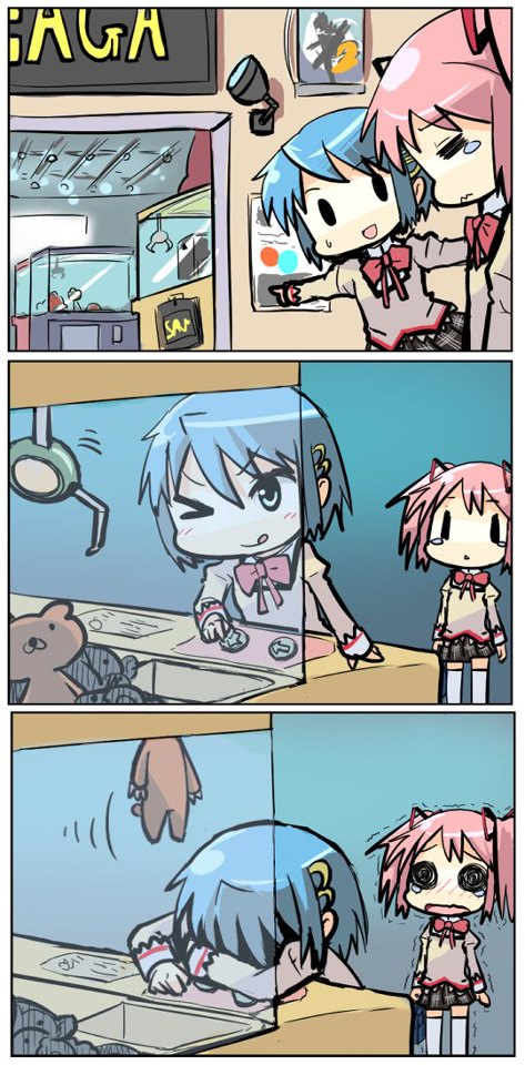 >_o, 3koma, ;q, =_=, @_@, arcade, artist_request, blue_hair