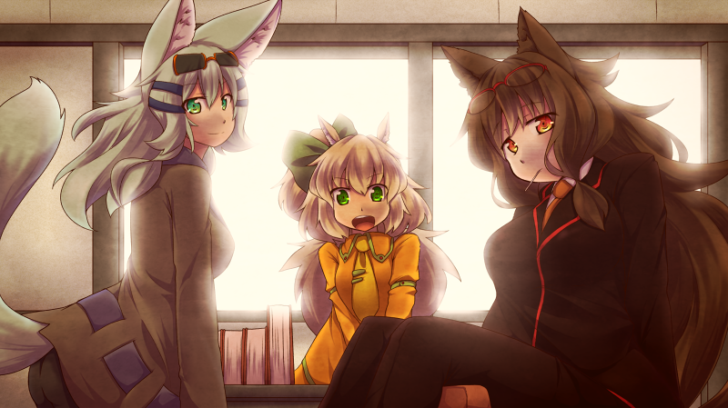animal_ears, brown_hair, fox_ears, fox_tail, green_eyes, isagomiya_mimi, karimiya_chiko, kuromiya