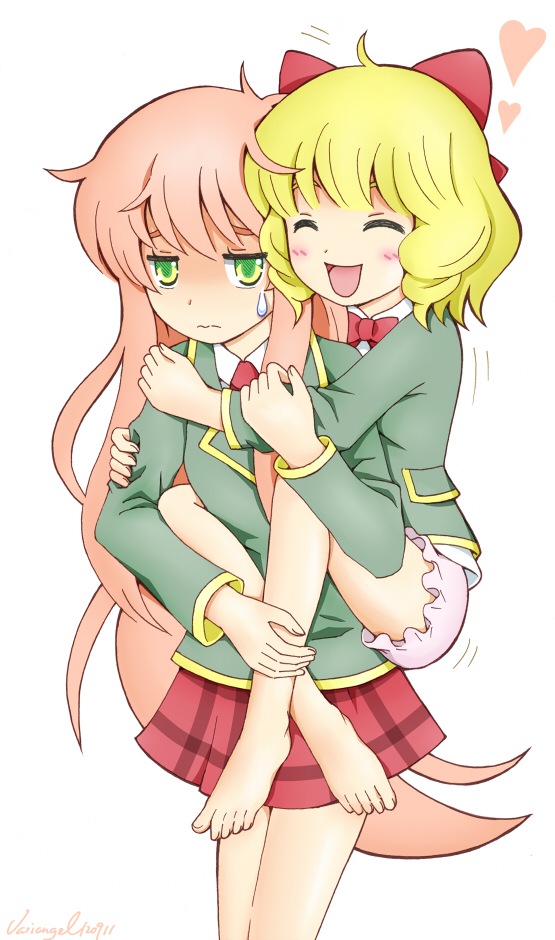 bare_legs, barefoot, blazer, blonde_hair, bloomers, bottomless, bow, closed_eyes