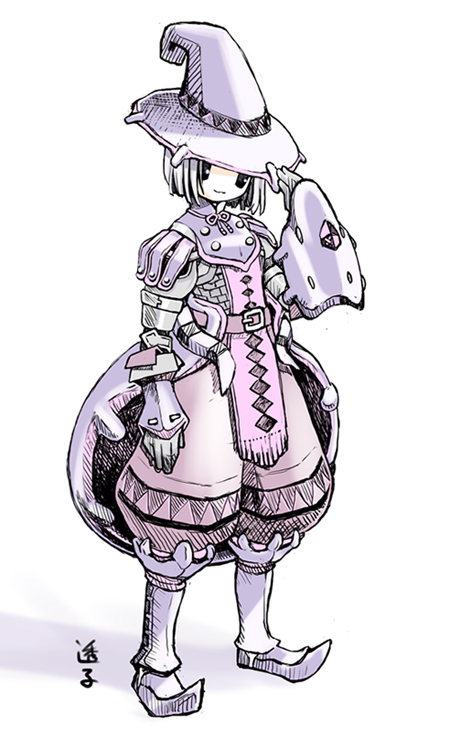 chameleos_(armor), hat, monster_hunter, short_hair, simple_background, smile, solo, touko_(tokotoko)