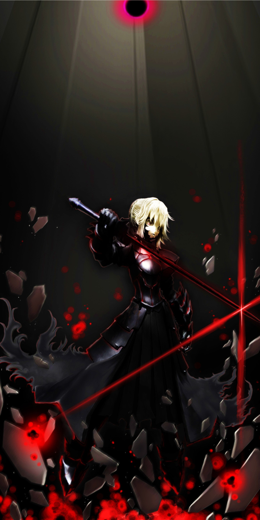 1girl, armor, armored_dress, blonde_hair, dark_excalibur, dress, fate/stay_night, fate_(series)