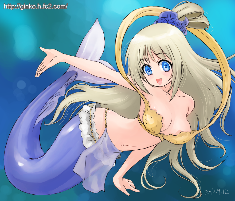 1girl, blue_eyes, breasts, cleavage, cosplay, fang, ginko_(silver_fox), large_breasts, little_busters!!, long_hair, mermaid, monster_girl, noumi_kudryavka, one_piece, shell, shell_bikini, shirahoshi, silver_hair