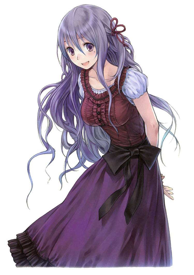 arms_behind_back, atelier_(series), atelier_totori, bow, dress, kishida_mel, long_hair, mole, official_art, pamela_ibiss, purple_dress, purple_eyes, purple_hair, ribbon, smile, solo, violet_eyes, white_background