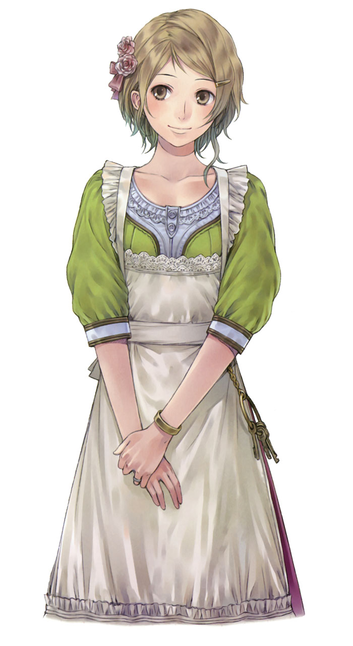 apron, atelier_(series), atelier_totori, brown_eyes, brown_hair, dress, hair_ornament, hairpin