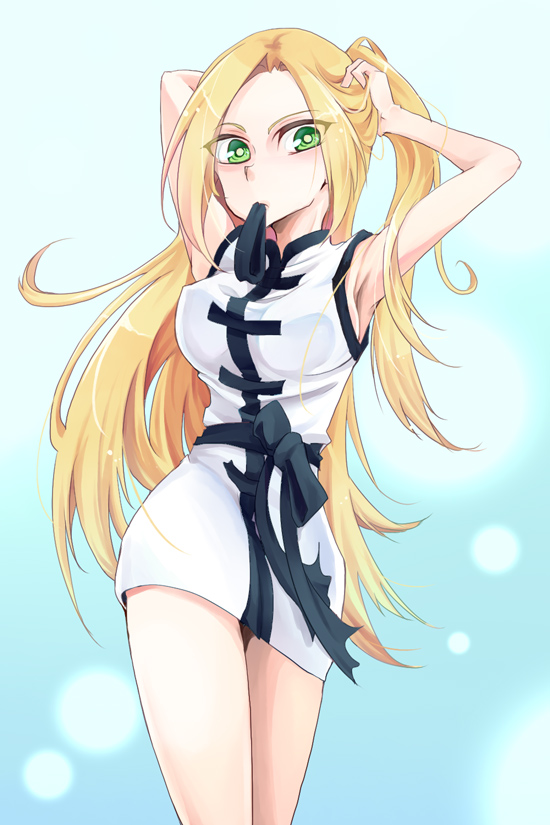 adjusting_hair, bare_shoulders, blonde_hair, breasts, cardfight!!_vanguard, dress, green_eyes, kourin_(cardfight!!_vanguard)
