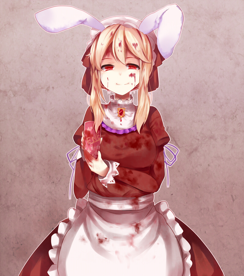 apron, blonde_hair, blood, bunny_ears, clarice, clarice_(cinderella_girls), headdress, idolmaster