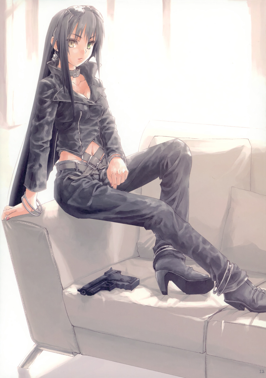 absurdres, black_hair, breasts, cleavage, closet_child, collar, copyright_request, couch