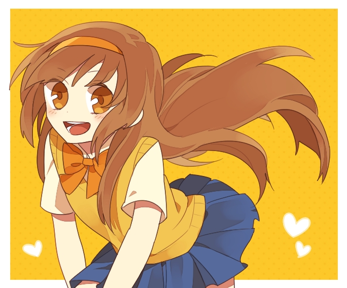 brown_eyes, brown_hair, hairband, inazuma_eleven, inazuma_eleven_(series), inazuma_eleven_go, inazuma_eleven_go_chrono_stone, long_hair, nanao_(cow1212), nanobana_kinako, open_mouth, school_uniform, skirt, sweater_vest