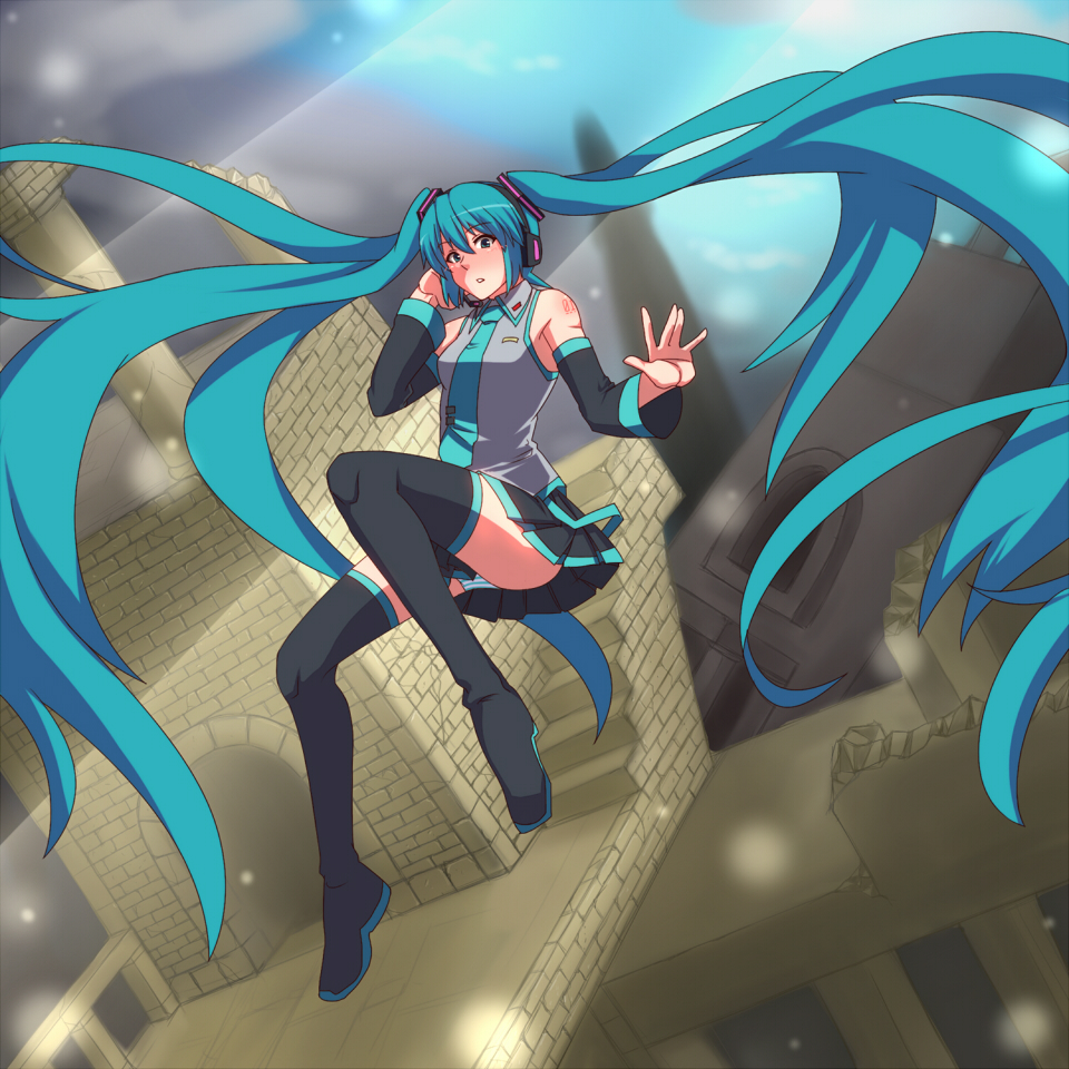 aqua_hair, blue_eyes, blue_hair, blush, dai_(touhou_handdrawn), detached_sleeves, hand_on_headphones, hatsune_miku