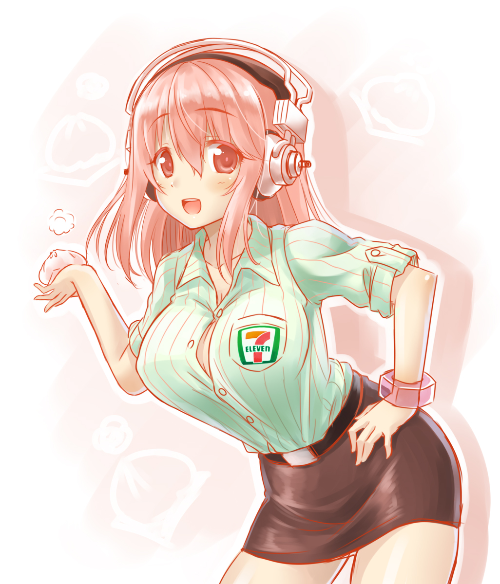 7-eleven, belt, bent_over, blush, bracelet, breasts, cleavage, collarbone