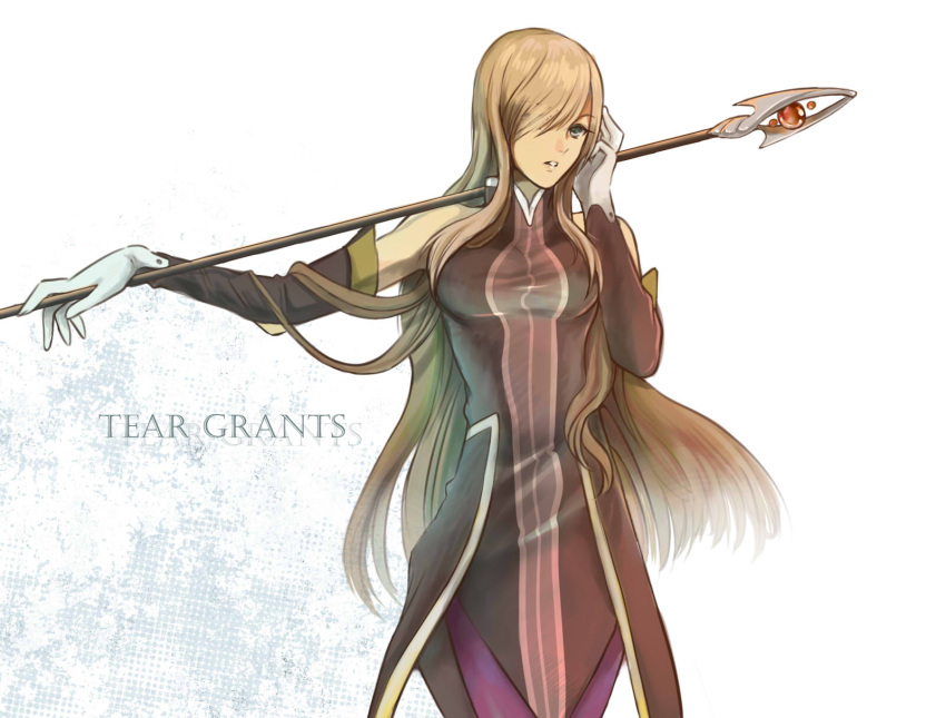 brown_hair, character_name, gloves, green_eyes, hair_over_one_eye, highres, karanashi_mari, long_hair