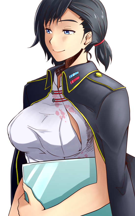 black_hair, blue_eyes, breasts, china_dress, chinese_clothes, devil_survivor_(series), devil_survivor_2, dress, kanno_fumi, large_breasts, scientist, short_hair, smile, solo, someko1