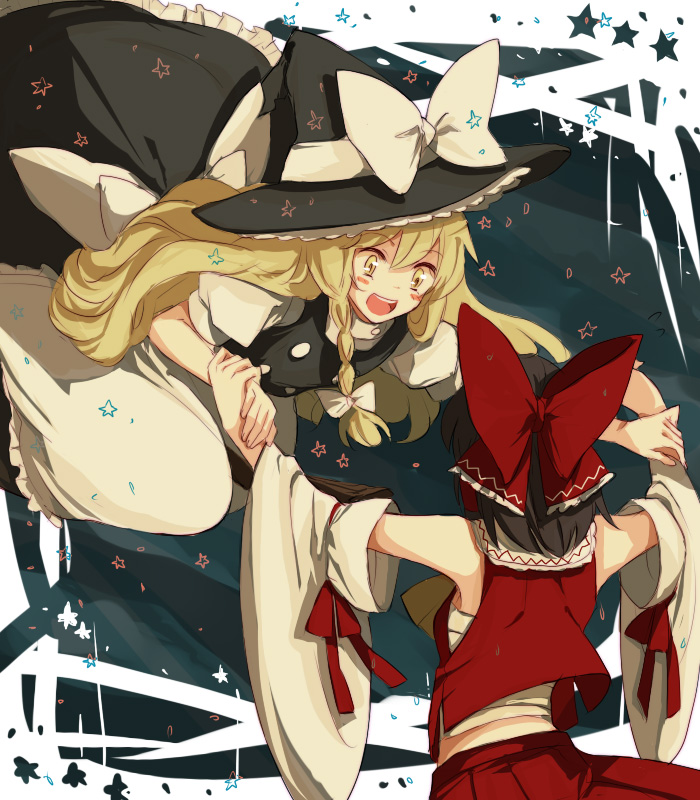 apron, blonde_hair, blush, bow, braid, brown_hair, detached_sleeves, hair_bow, hakurei_reimu, hat, hat_bow, ishiaji, kirisame_marisa, long_hair, multiple_girls, open_mouth, sarashi, short_hair, side_braid, single_braid, star, touhou, wide_sleeves, witch_hat, yellow_eyes