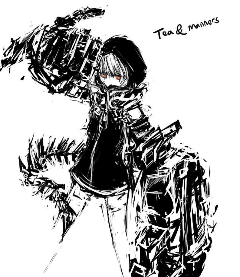 black_rock_shooter, hood, hoodie, mechanical_arm, merpperoni, monochrome, red_eyes, solo