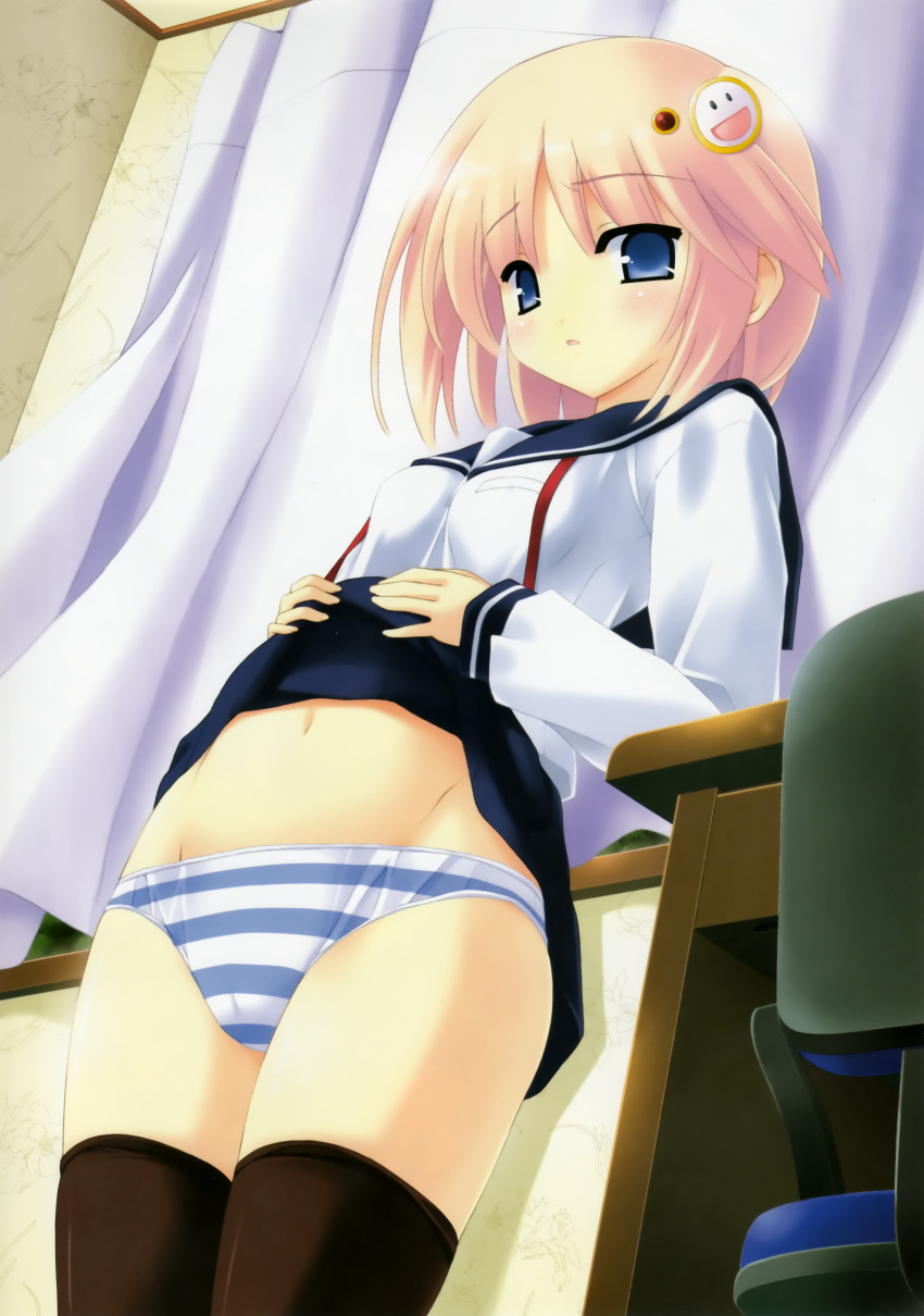 absurdres, black_legwear, blue_eyes, blue_panties, blush, curtains, highres, huge_filesize