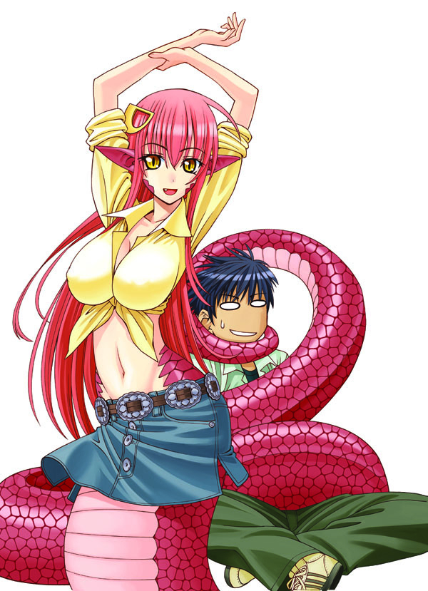 1girl, arms_up, belt, black_hair, cover, inui_takemaru, kurusu_kimihito, lamia