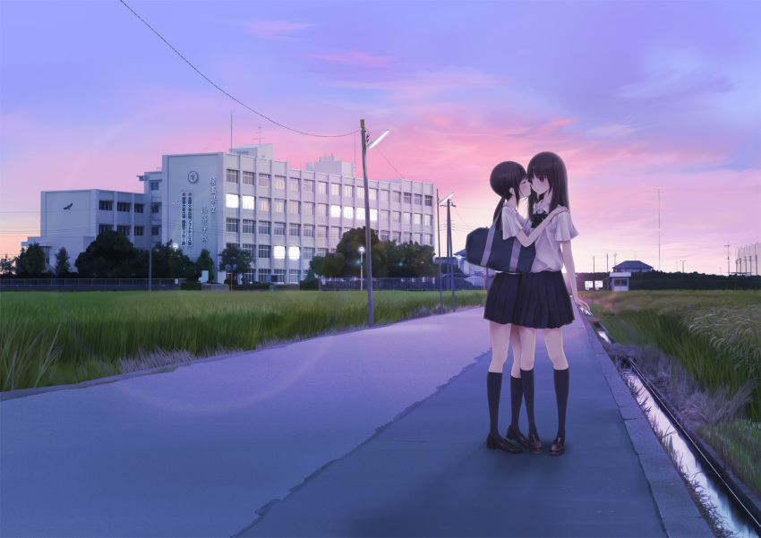 bag, black_eyes, black_hair, black_legwear, blush, building, cheek_kiss, chikuwa_(glossymmmk)