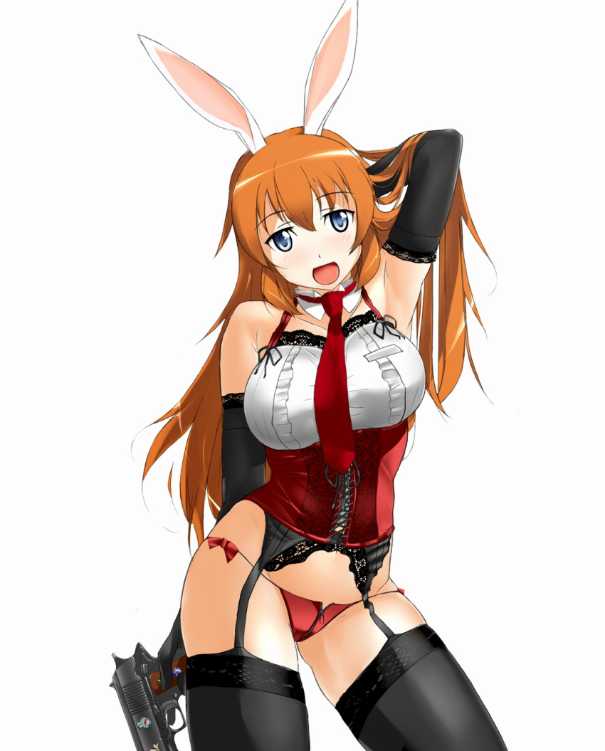 animal_ears, bare_shoulders, black_gloves, black_legwear, blue_eyes, blush, bunny_ears, charlotte_e_yeager
