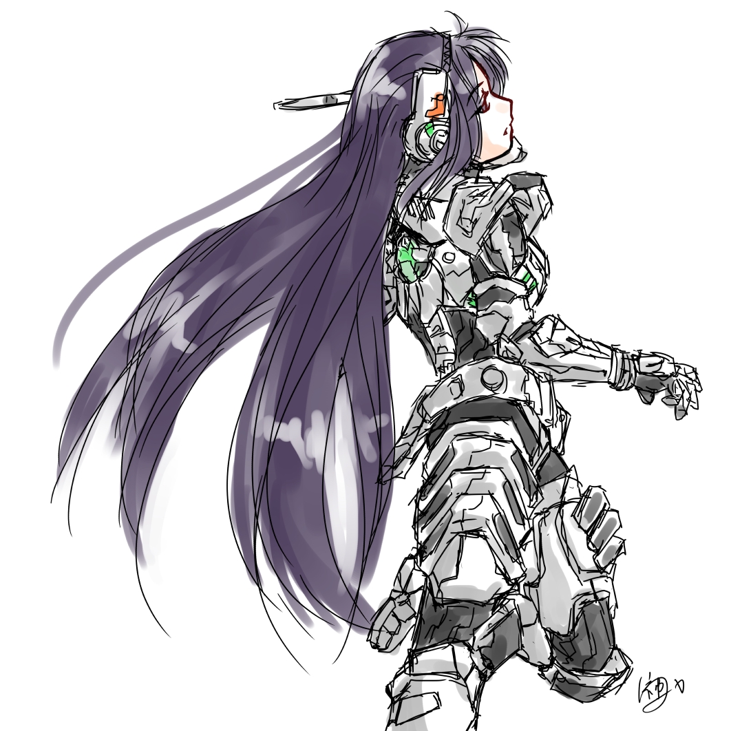 akemi_homura, black-yuzunyan, cosplay, long_hair, looking_back, mahou_shoujo_madoka_magica, power_armor, purple_hair, sam_gideon, sam_gideon_(cosplay), sega, signature, solo, vanquish, vanquish_(game), very_long_hair