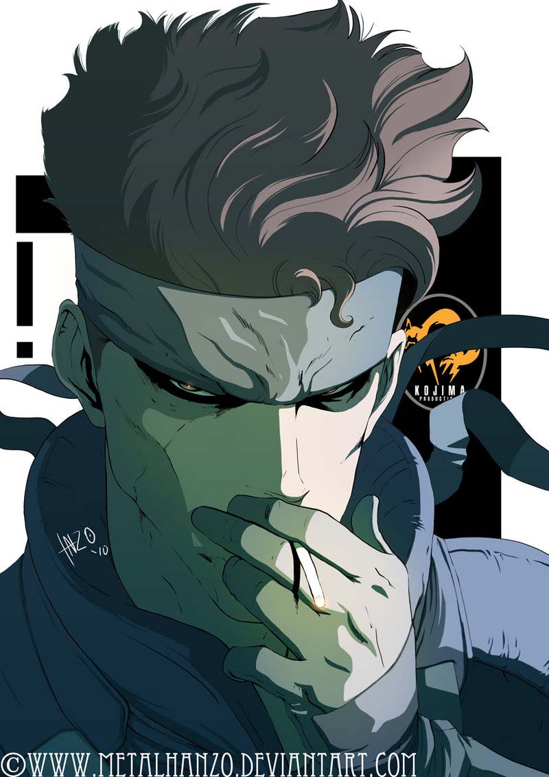 bandana, bandanna, brown_hair, bust, cigarette, gloves, headband, metal_gear, metal_gear_solid, metalhanzo, smoking, sneaking_suit, solid_snake, solo