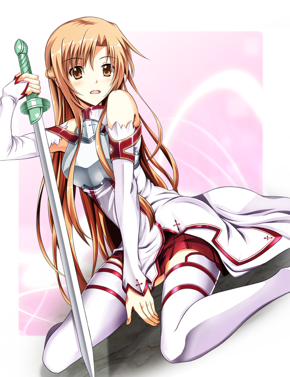asuna_(sao), bare_shoulders, breastplate, brown_eyes, brown_hair, highres, kagura_yuuto, long_hair