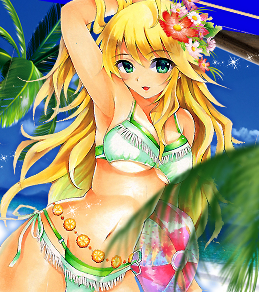 ball, beachball, bikini, blonde_hair, flower, green_eyes, hair_flower, hair_ornament