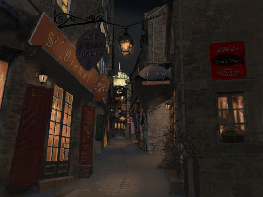 artist_request, building, cityscape, french, highres, kaitan, mont_st-michel, night, no_humans, original, scenery, sign, tree
