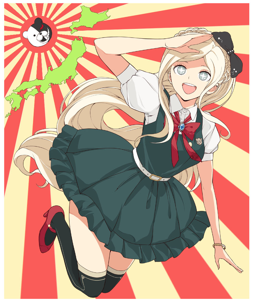 1girl, :d, black_legwear, blonde_hair, bracelet, braid, dangan-ronpa_2, dress
