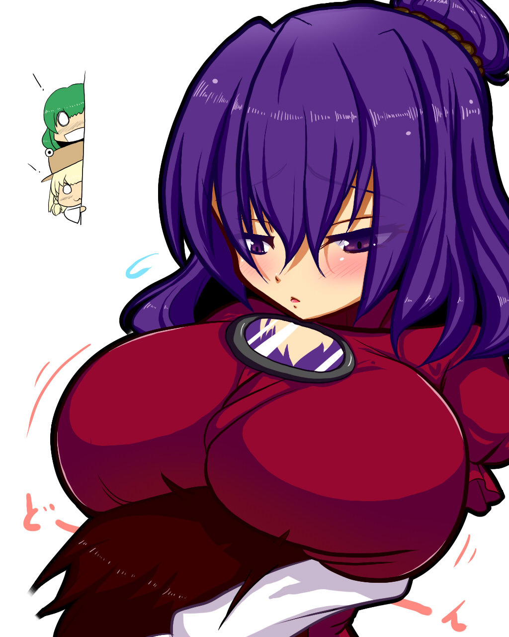 breast_press, breast_rest, breast_smother, breasts, breasts_on_head, bursting_breasts, highres, huge_breasts, k-dam, kazami_yuuka, kochiya_sanae, moriya_suwako, purple_eyes, purple_hair, touhou, violet_eyes, yasaka_kanako