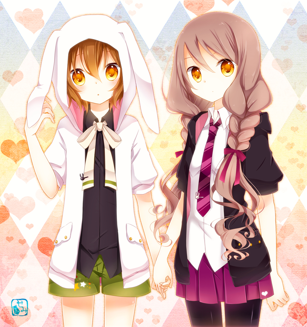 1girl, 2girls, :o, akane_(goma), akira_(goma), animal_ears, argyle, argyle_background