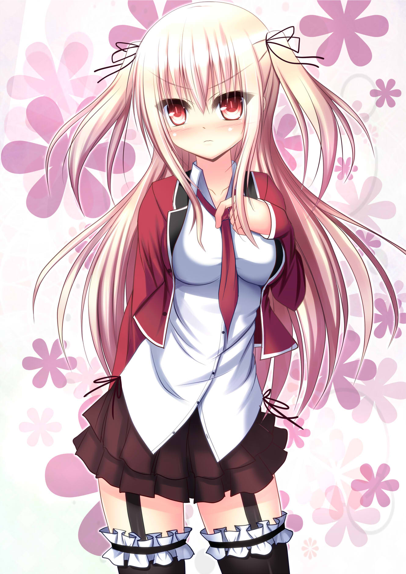 adjusting_tie, arm_behind_back, black_legwear, blonde_hair, blush, frilled_skirt, frills, frown