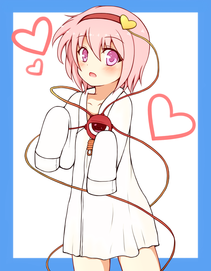 alternate_costume, blush, collarbone, frame, hairband, heart, komeiji_satori, konmaru, looking_at_viewer, naked_shirt, open_mouth, oversized_clothes, oversized_shirt, pink_eyes, pink_hair, short_hair, sleeves_past_wrists, solo, third_eye, touhou