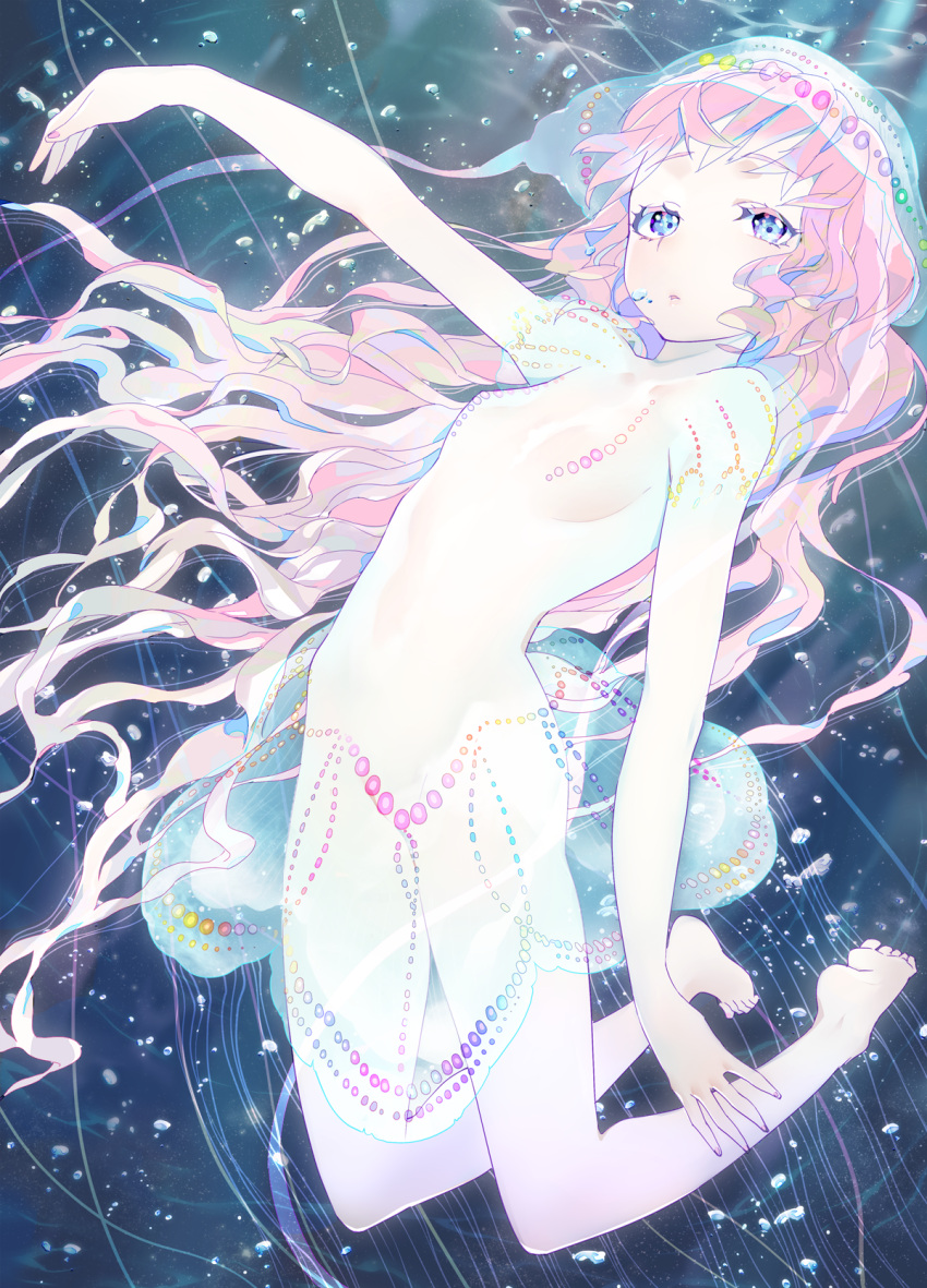 arm_up, blue_eyes, dress, floating, glowing, hat, highres, jellyfish