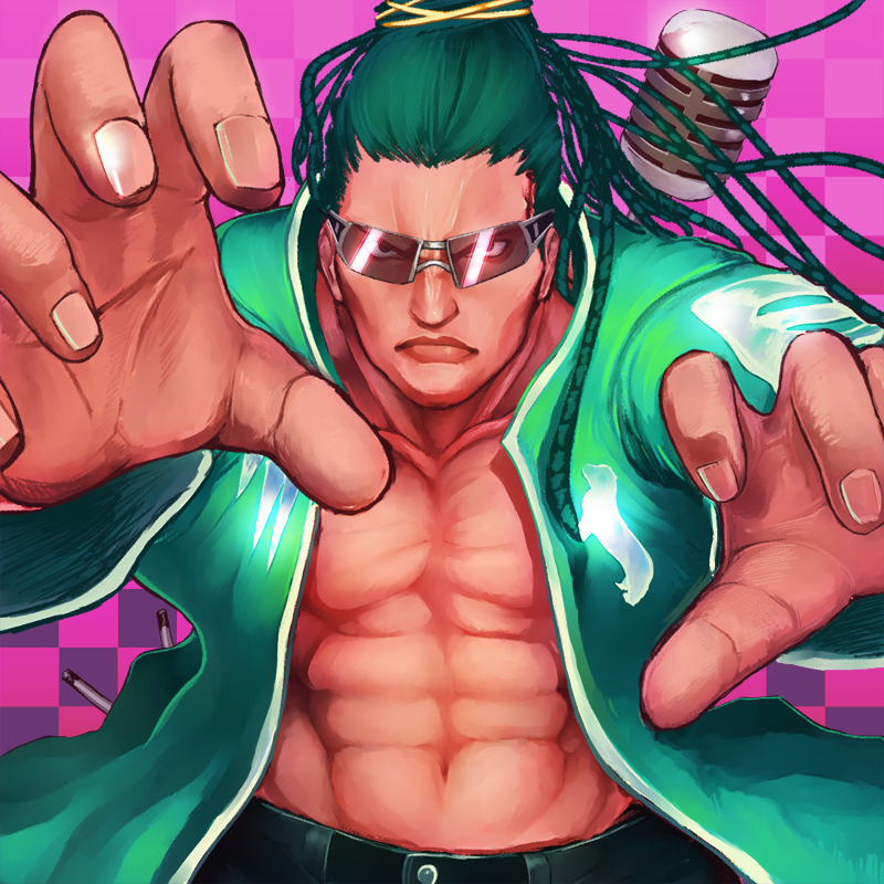 1boy, abs, alternate_costume, alternate_hairstyle, beck_(425233), green_hair, lips, long_hair