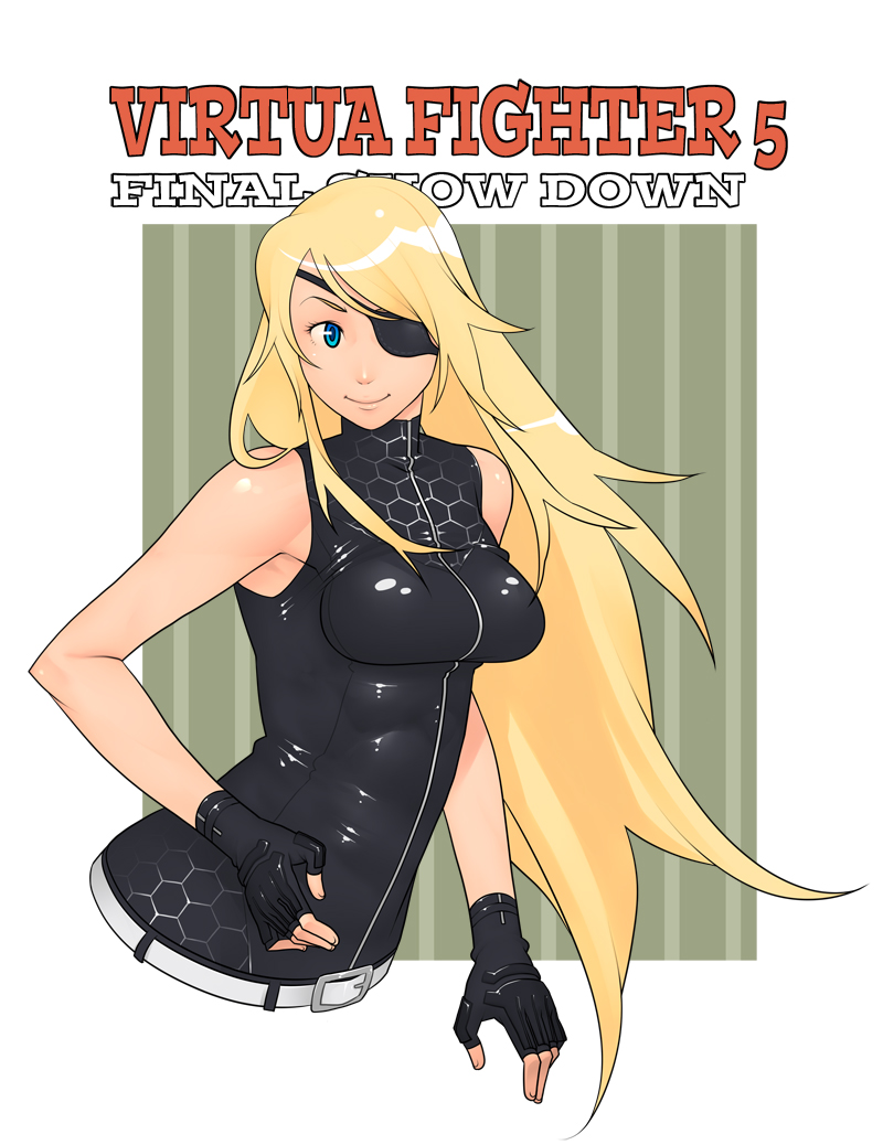 alternate_hairstyle, bare_shoulders, blonde_hair, blue_eyes, bodysuit, breasts, character_name, eyepatch, fingerless_gloves, g-room_honten, gloves, hair_down, long_hair, no_legs, sarah_bryant, smile, solo, title_drop, virtua_fighter, virtua_fighter_5:_final_showdown