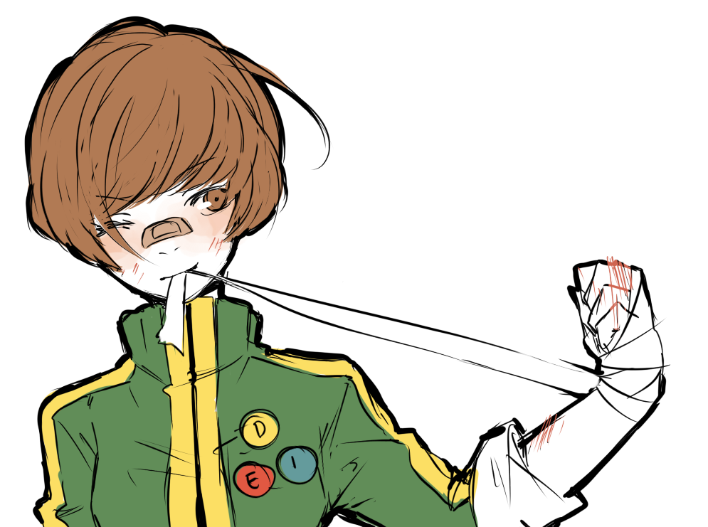 aiwatan, bandage, bandages, bandaid_on_nose, brown_eyes, brown_hair, jacket, persona