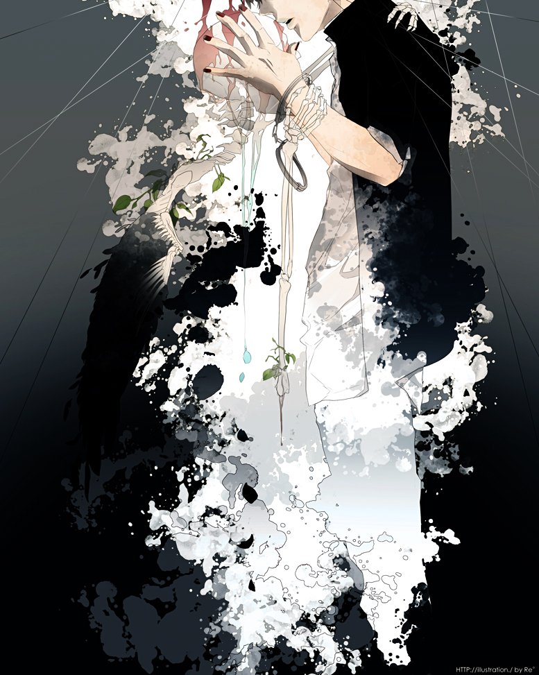 black_hair, bone, bracelet, forehead_kiss, jewelry, kiss, leaf, original, re°, re&deg;, reâ°, reã¢â°, rotting, short_hair, skeleton, skull